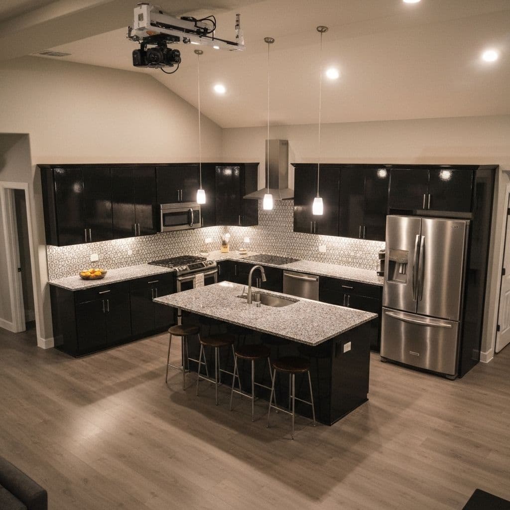 Contemporary kitchen after remodel with dark cabinets