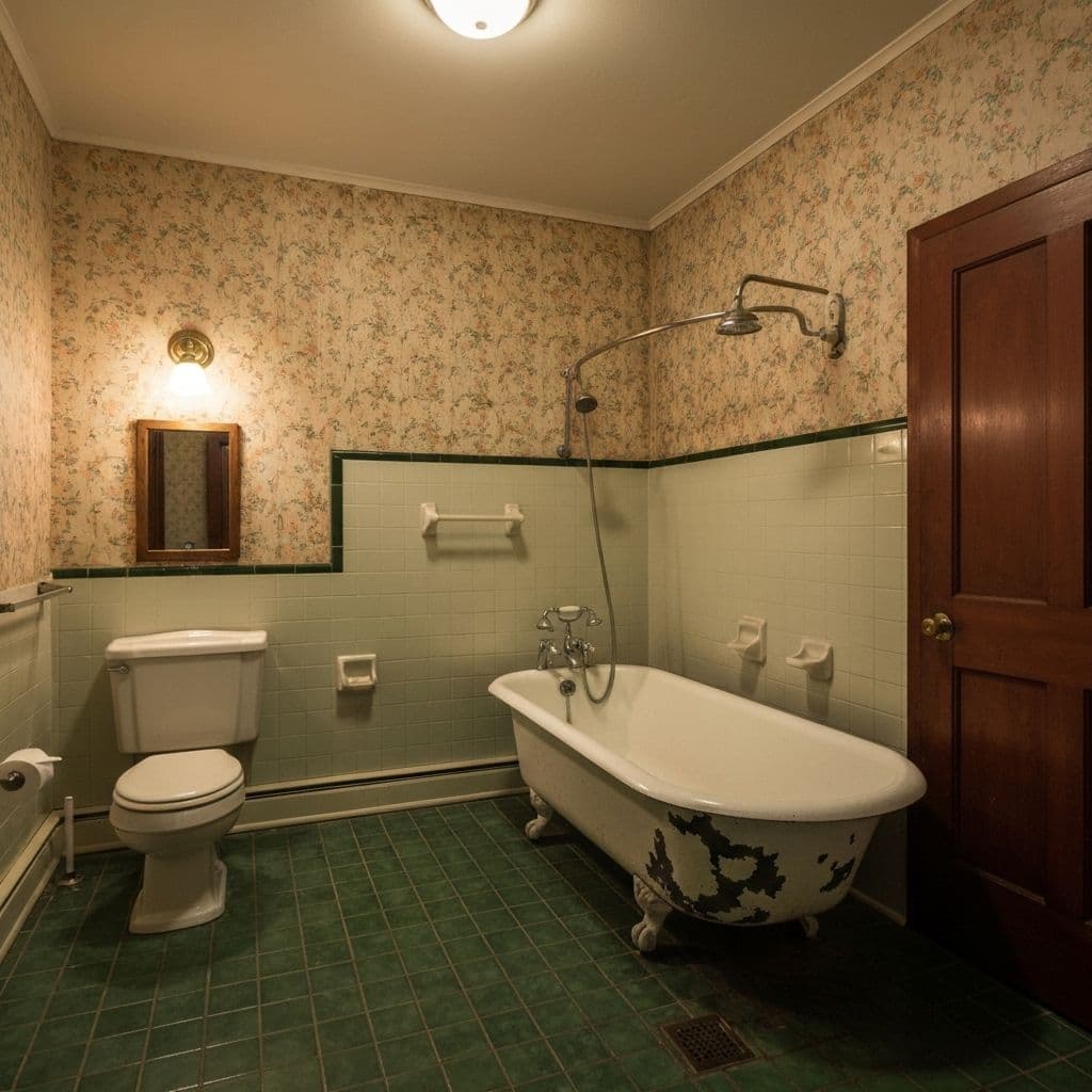 Dated bathroom with old tub before remodel